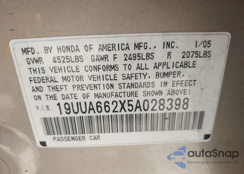 2005 Acura Tl z USA, uszkodzony, nr VIN 19UUA662X5A028398